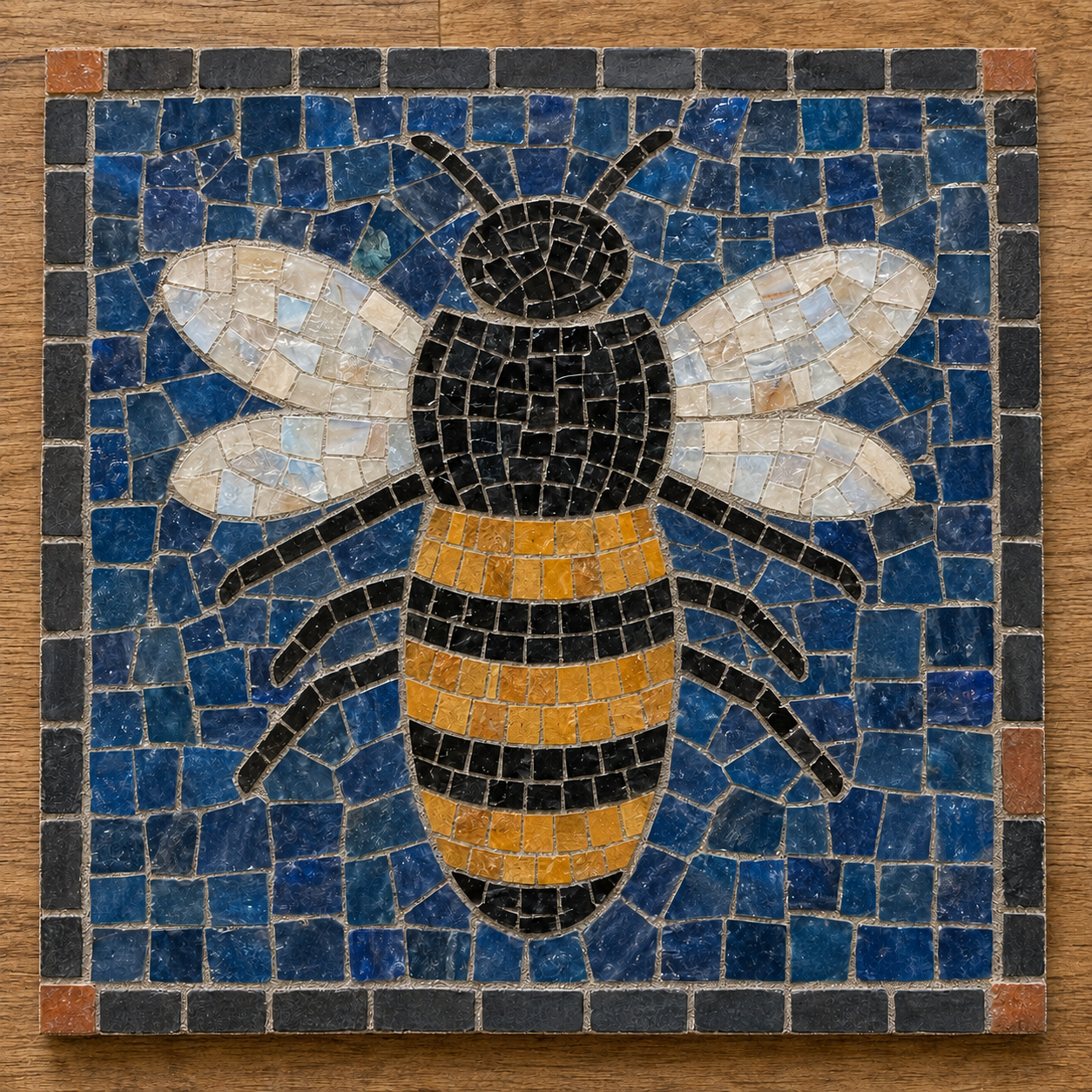 AI visualisation of the Natural Bumblebee design made as a blue, black and ochre mosaic