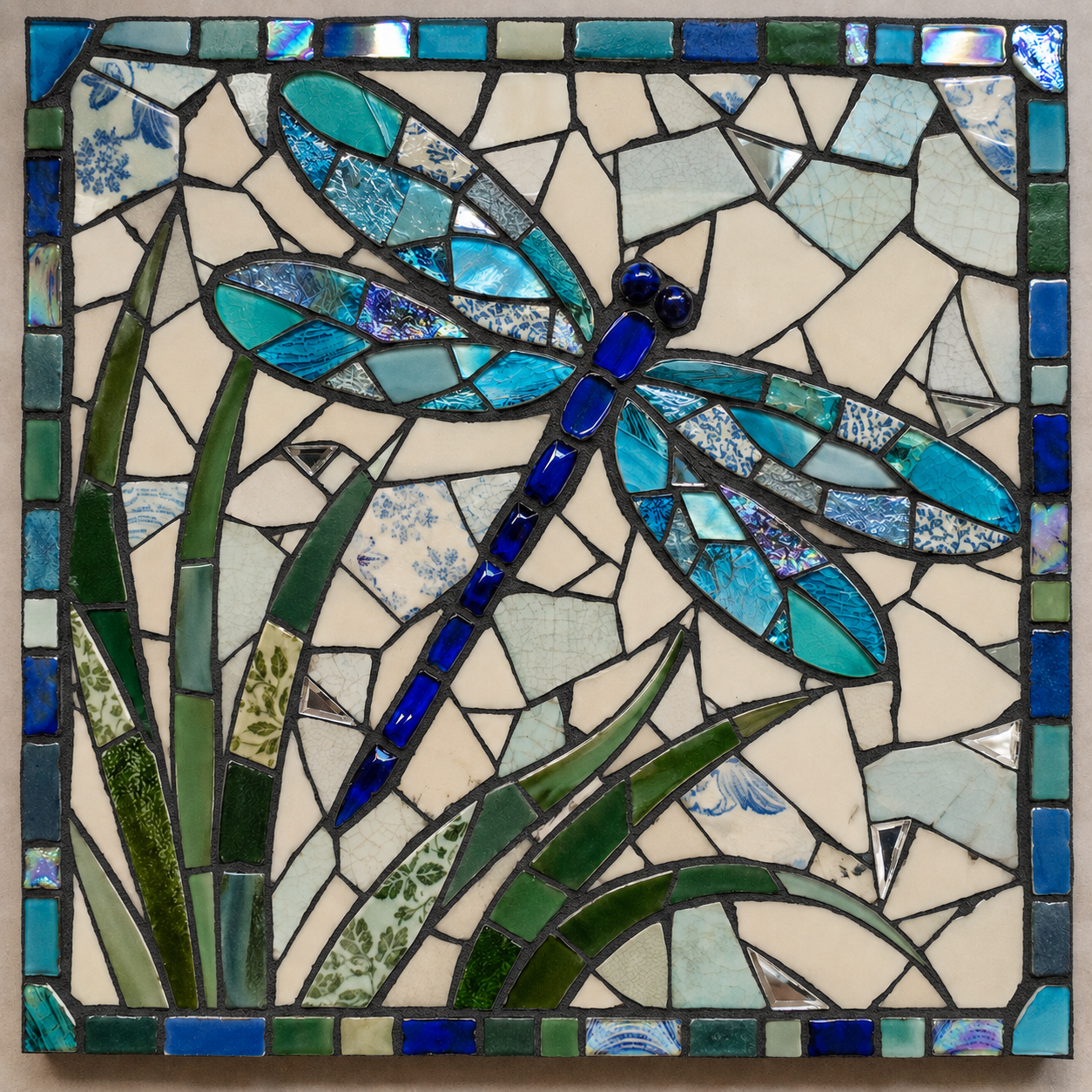 Dragonfly mosaic with charcoal grout in the joints