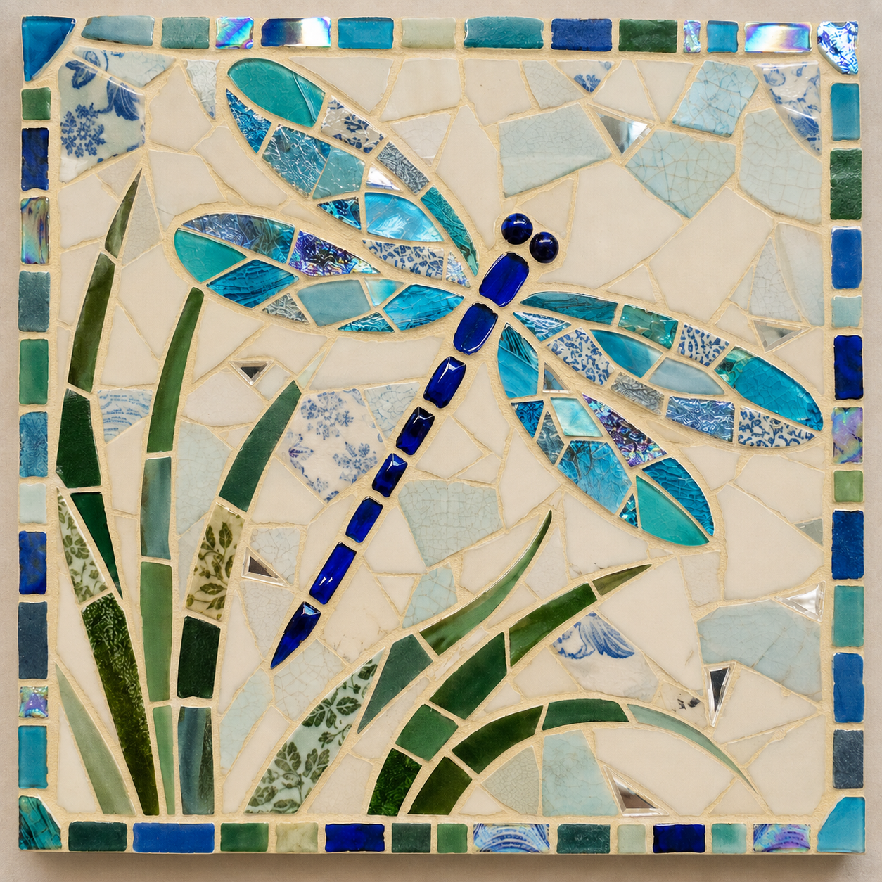 Dragonfly mosaic with warm cream grout in the joints