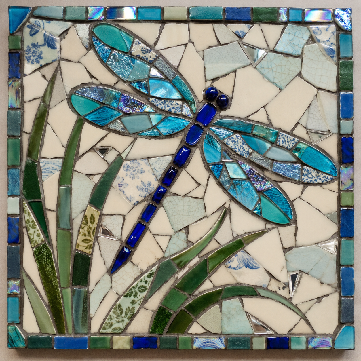 AI visualisation of a blue dragonfly mosaic made with china, glass and ceramic pieces