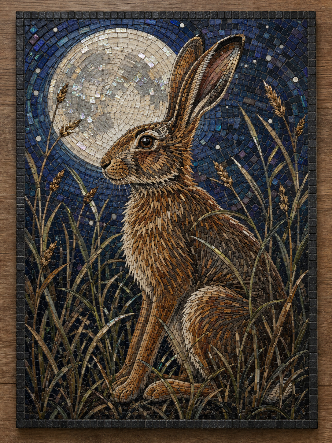AI visualisation of an advanced Moonlit Hare mosaic with directional fur, wild grasses and a curved night sky